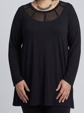 Penningtons Black Stretch Long Sleeve Blouse Mesh Neckline 1X